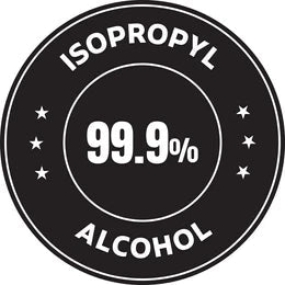 Circular label with 'Isopropyl Alcohol 99.9%' text on a black background